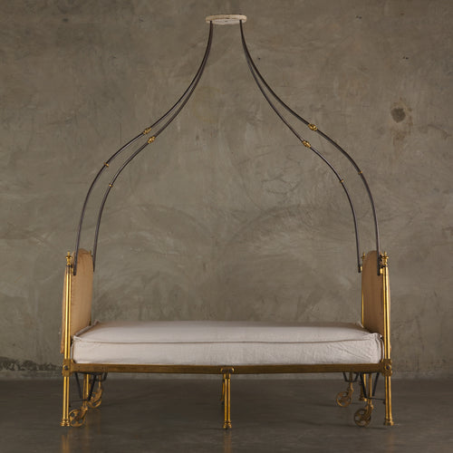 EMPIRE GILT BRONZE AND STEEL CAMPAIGN BED WITH CANOPY, ATTRIBUTED TO MARIE-JEAN DESOUCHES (1764-1828)